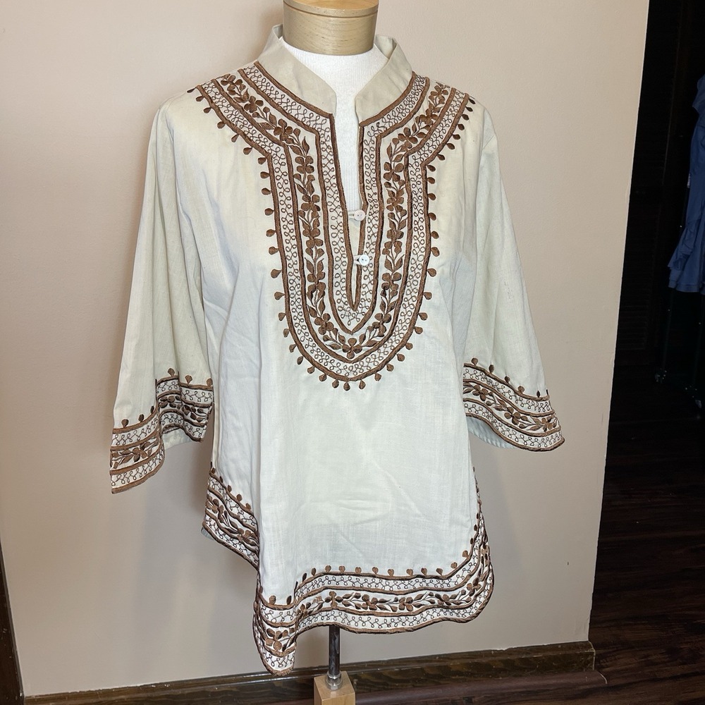 Veloso's Gift Shop Vintage Cream Brown Floral Embroidered Tunic Top Sz 14 Womens